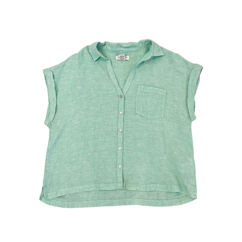 Rachel Zoe Mint Green 100% Linen Button Down Short Sleeve Boxy Top Womens Medium